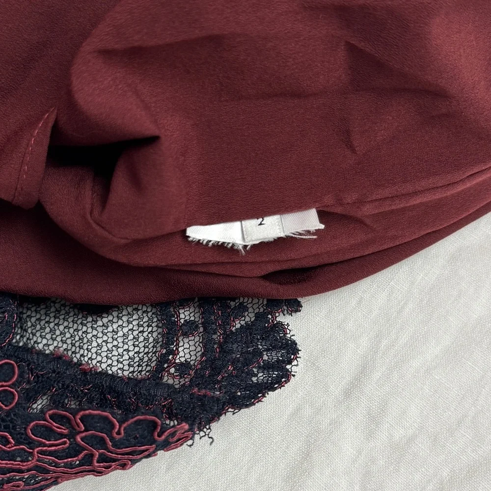 Sandro Paris Lace Overlay Burgundy & Blue Midi Pencil Skirt Size 2 Designer